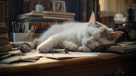 a white home interior with a cat comfortably napping on a table adorned with books and office supplies. The scene captures the balance between rest and workの素材