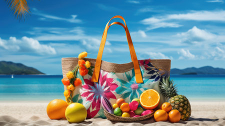 a beach bag filled with vibrant summer accessories set against the backdrop of a tropical beach. The scene encapsulates the carefree spirit of summer vacationsの素材