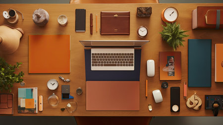 an office table desk meticulously arranged as a workspace, featuring various office supplies neatly laid out. The scene exudes an ambiance of efficiency and professionalismの素材
