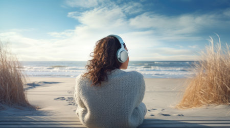 the back view of a woman wearing headphones, sitting on a bench on a winter beach. She's listening to music, breathing in the crisp, fresh air, and embracing the tranquility of the seasonの素材