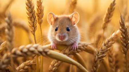 a field mouse in its natural habitat, nibbling on a crop of cereals. The scene portrayals the delicate balance of nature and the mouse's resourcefulnessの素材