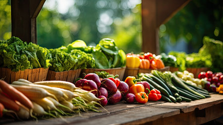 the colorful array of fresh fruits, vegetables, and greens on display at a bustling farmer's market. The scene brims with the natural richness of locally sourced produceの素材
