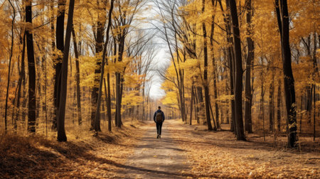 a man walking amidst a serene forest, with the ground blanketed in fallen leaves of vibrant autumn colors. The scene exudes the tranquility of a solitary autumn strollの素材