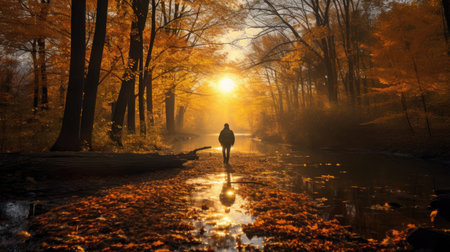 a man walking amidst a serene forest, with the ground blanketed in fallen leaves of vibrant autumn colors. The scene exudes the tranquility of a solitary autumn strollの素材