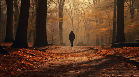 a man walking amidst a serene forest, with the ground blanketed in fallen leaves of vibrant autumn colors. The scene exudes the tranquility of a solitary autumn strollの素材