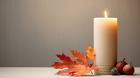 a Thanksgiving-themed background in soft, light colors, adorned with elements like pumpkins, autumn leaves, and candles. The scene conveys the peaceful ambiance of a holiday gatheringの素材