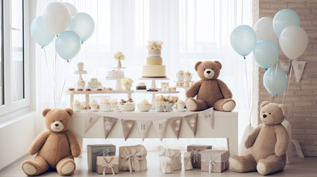 a beautifully arranged stack of baby diapers on a table, accompanied by an adorable toy teddy bear. The scene is set with delicate touches for both boys and girls, offering a charming backdrop for a baby shower celebrationの素材