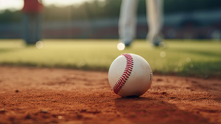 a pristine baseball resting on the infield grass, highlighting the details of the baseball's stitching and texture. The scene conveys the excitement and readiness for a gameの素材