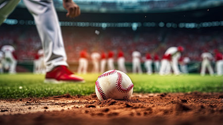 a pristine baseball resting on the infield grass, highlighting the details of the baseball's stitching and texture. The scene conveys the excitement and readiness for a gameの素材