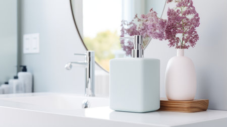 a soap dispenser, spa towel, and other bathroom accessories meticulously arranged on a pristine pastel countertop within a minimalist, white bathroom. The scene exudes the tranquility of a spa retreat.の素材