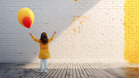 a joyful child girl with a colorful balloon, standing near an empty white brick wall. The scene radiates the carefree spirit of childhoodの素材