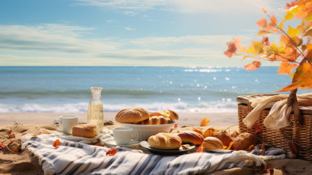 a cozy autumn picnic set up on a beach with a spread of fresh tea, selectable croissants, and a jar of jam. The scene is framed by the tranquil beauty of the coastline, evoking a sense of relaxation and indulgenceの素材