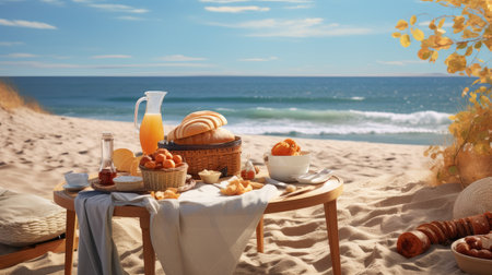 a cozy autumn picnic set up on a beach with a spread of fresh tea, selectable croissants, and a jar of jam. The scene is framed by the tranquil beauty of the coastline, evoking a sense of relaxation and indulgenceの素材