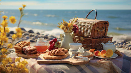 a cozy autumn picnic set up on a beach with a spread of fresh tea, selectable croissants, and a jar of jam. The scene is framed by the tranquil beauty of the coastline, evoking a sense of relaxation and indulgenceの素材