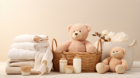 a knitted basket filled with gentle baby cosmetics, bath accessories, and a cuddly teddy bear, all neatly arranged on a white table set against a soothing beige background. The minimalist style and light colors create an inviting and calming atmosphere.の素材