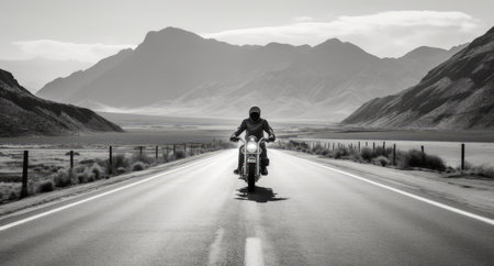 a sleek motorbike cruising down an empty, sunlit highway. The rider leans forward, fully immersed in the thrill of their motorcycle journeyの素材