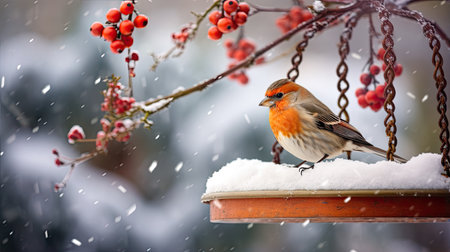a charming little garden bird perched at a bird feeder, surrounded by a snowy garden landscape. The scene conveys the resilience and beauty of nature in winterの素材