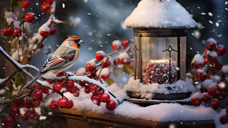 a charming little garden bird perched at a bird feeder, surrounded by a snowy garden landscape. The scene conveys the resilience and beauty of nature in winterの素材