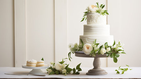 a stunning white wedding cake adorned with intricate flowers and delicate green leaves. The cake sits on a pristine white wooden background, creating an ambiance of timeless beautyの素材
