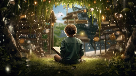 a young boy engrossed in a book under the shade of a majestic linden tree. The scene depicts the joy of reading in a natural, serene setting.の素材