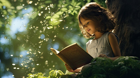 a young boy engrossed in a book under the shade of a majestic linden tree. The scene depicts the joy of reading in a natural, serene setting.の素材