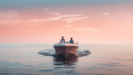 a young couple on a motorboat, gliding smoothly across calm waters. The minimalist style highlights the tranquility of the cruise tripの素材