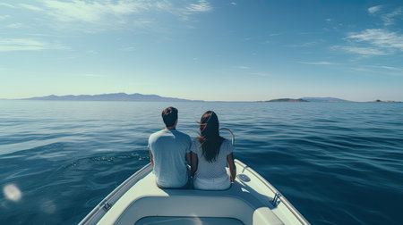 a young couple on a motorboat, gliding smoothly across calm waters. The minimalist style highlights the tranquility of the cruise tripの素材