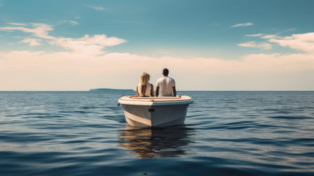 a young couple on a motorboat, gliding smoothly across calm waters. The minimalist style highlights the tranquility of the cruise tripの素材