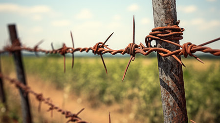 a tall chain-link fence topped with menacing barbed wire, encircling a secure facility. The composition conveys a strong sense of security and restrictionの素材