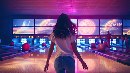 a woman in mid-throw as she releases the bowling ball down the lane, viewed from behind. The composition conveys the dynamic and competitive atmosphere of the bowling clubの素材
