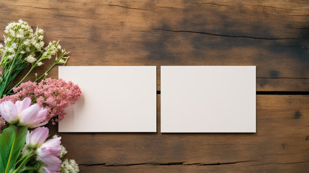 two blank business cards elegantly placed alongside fresh flowers on a wooden table. The flat lay, minimalist style, and light color palette emphasize the essence of professionalism and simplicity in business.の素材