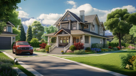 a charming family house nestled within a serene neighborhood. The concrete pathway leads through a lush green lawn, with a family car parked to the side. The image embodies the essence of peaceful suburban living.の素材