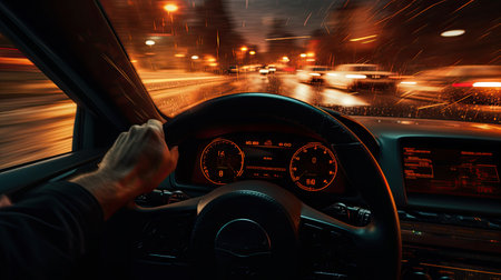 a speeding car, focusing on the driver's hands firmly gripping the steering wheel. Convey the sense of adrenaline and control as the car acceleratesの素材