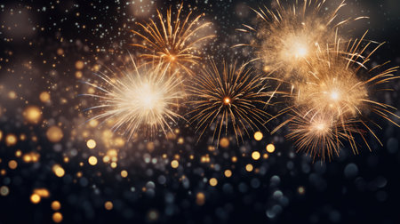 gold and silver fireworks illuminating the night sky, surrounded by bokeh lights, and leave ample copy space for festive greetingsの素材