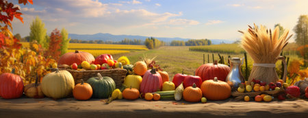 the fall harvest, with a focus on a basket of pumpkins, apples, and corn set against a backdrop of fields, trees, and a clear sky. Convey the essence of Thanksgiving's agricultural traditionsの素材