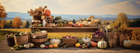 the fall harvest, with a focus on a basket of pumpkins, apples, and corn set against a backdrop of fields, trees, and a clear sky. Convey the essence of Thanksgiving's agricultural traditionsの素材