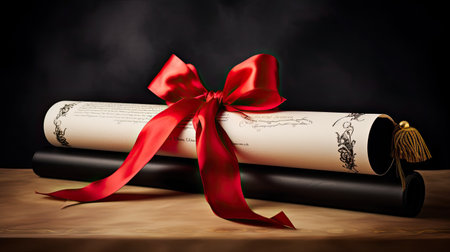 a diploma scroll elegantly tied with a red bow, isolated on a pristine white background. Convey the sense of pride and achievement associated with completing a significant academic journeyの素材