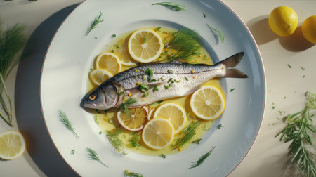 a white plate with perfectly fried vendace fishes arranged neatly beside a fresh slice of lemon. Capture the essence of this beloved Finnish delicacyの素材