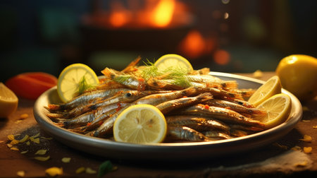 a white plate with perfectly fried vendace fishes arranged neatly beside a fresh slice of lemon. Capture the essence of this beloved Finnish delicacyの素材