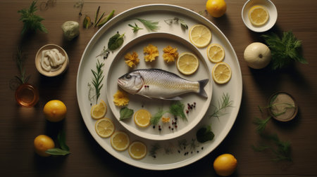 a white plate with perfectly fried vendace fishes arranged neatly beside a fresh slice of lemon. Capture the essence of this beloved Finnish delicacyの素材