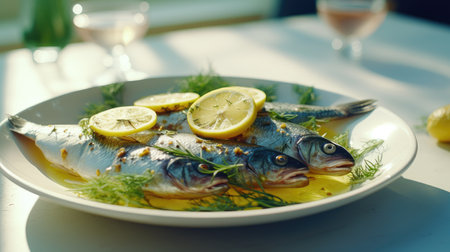 a white plate with perfectly fried vendace fishes arranged neatly beside a fresh slice of lemon. Capture the essence of this beloved Finnish delicacyの素材