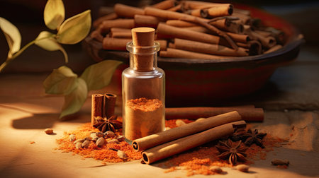 wooden background with a closed bottle of cinnamon oil, accompanied by cinnamon sticks and a sprinkleling of cinnamon powder. This composition evokes the idea of a spice elixirの素材
