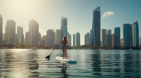 a woman gracefully paddleboarding in a tranquil bay with the stunning city skyline as the backdrop. Capture the harmony between nature and urban lifeの素材