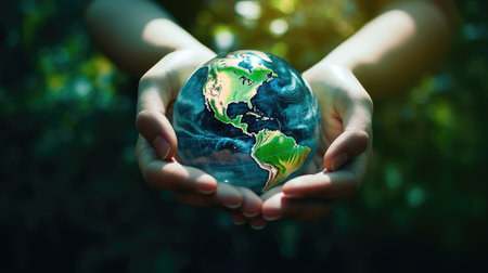 human hands gently cradling a globe against a blurred, lush blue nature background. The photo conveys the message of support for our planetの素材