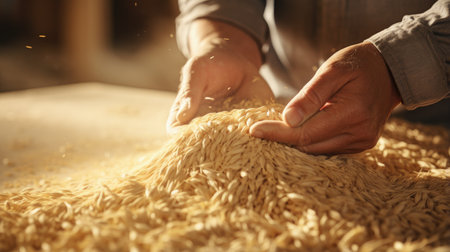 the worker's hands as they carefully sift through a batch of grains, ensuring their quality before processing them into flour using advanced milling equipmentの素材