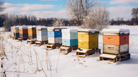 the bee hives covered in pristine white snow, nestled in a tranquil winter scene. The image should convey the stillness and serenity of the seasonの素材