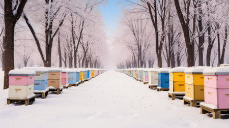 the bee hives covered in pristine white snow, nestled in a tranquil winter scene. The image should convey the stillness and serenity of the seasonの素材