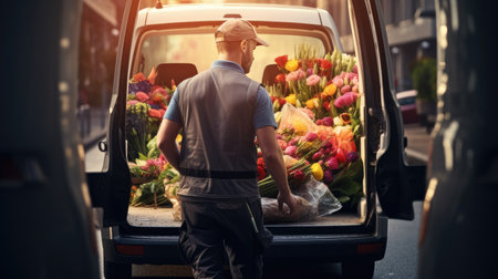 a delivery man standing next to a car, holding a vibrant bouquet of fresh, beautiful flowers. The photo should capture the moment of handoff, showcasing the beauty of the flowers against the backdrop of the vehicle.の素材