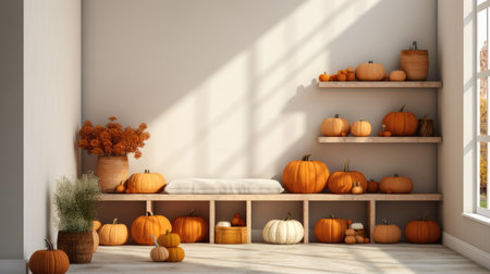 a minimalist house adorned with cozy pumpkins in various shapes and sizes. The image should evoke a warm and inviting atmosphere, embodying both Thanksgiving and Halloween spiritの素材