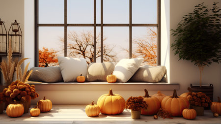 a minimalist house adorned with cozy pumpkins in various shapes and sizes. The image should evoke a warm and inviting atmosphere, embodying both Thanksgiving and Halloween spiritの素材